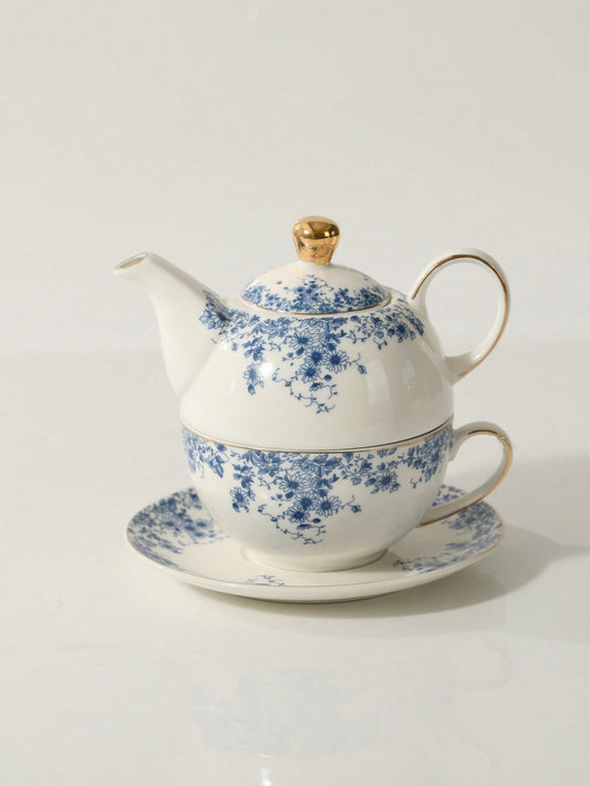 English Afternoon Ceramic Teapot & Cup Set With Saucer