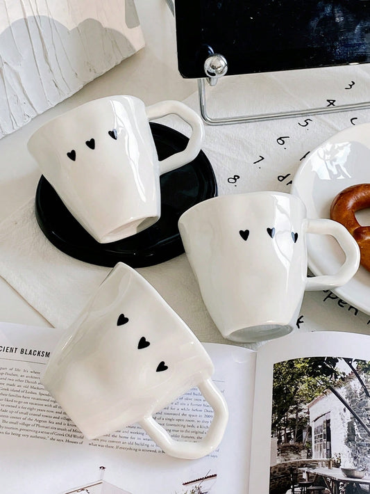 1pc Black & White Heart Pattern Ceramic Mug