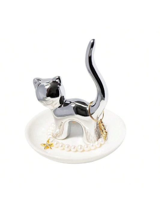 Silver Cat Ceramic Jewelry Dish